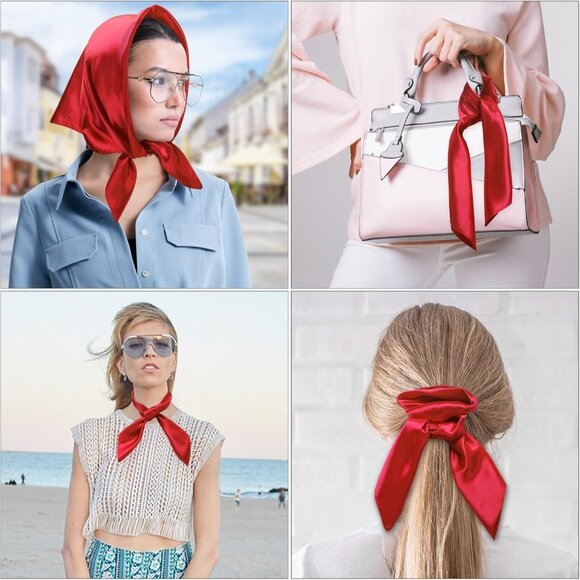 Women's Red Silk Feeling Scarf 23.6'' Square Satin Scarf Neck Head Bandana - Picture 7 of 7